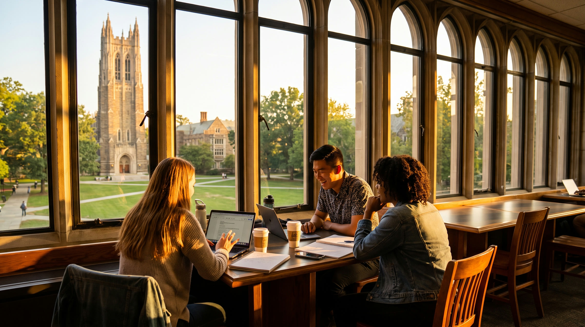 Three students working together at a library table by tall arched windows, with a gothic university tower and green quad beyond at golden hour